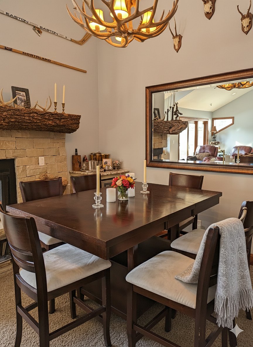 The dining area is an open area with the living room and kitchen. There is a small beverage/wine refrigerator.