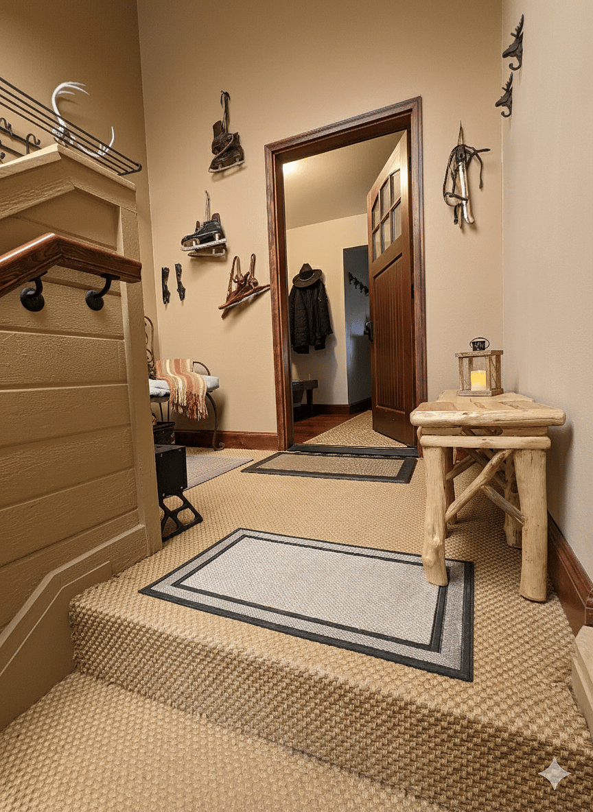 There is a mud room/sitting area for storage at the top of the front entry stairs. Most of the living area for the condo is then on one floor besides the large kids den upstairs.