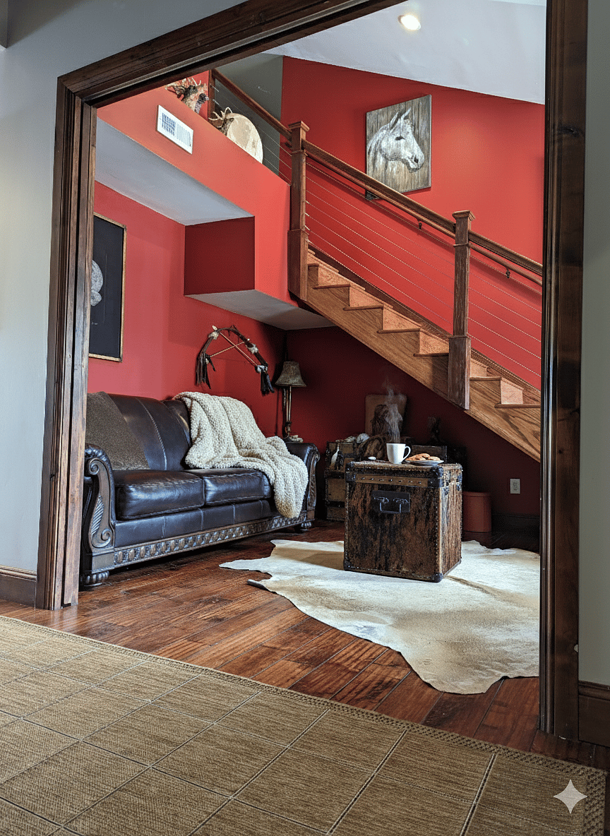 The downstairs den has a sofa, small desk area and tv. The sofa also pulls out into a queen size bed. It is off of the main entry way of the condo.