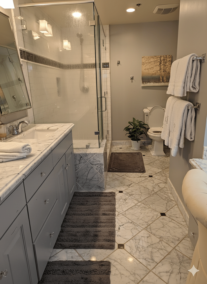 The ensuite bathroom to the 2nd master bedroom has a walk in shower and large vanity with storage.