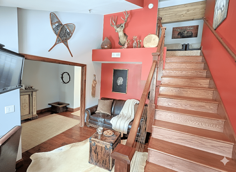 The stairs up to the upstairs den area go through the second living space (the downstairs den) in the red room.