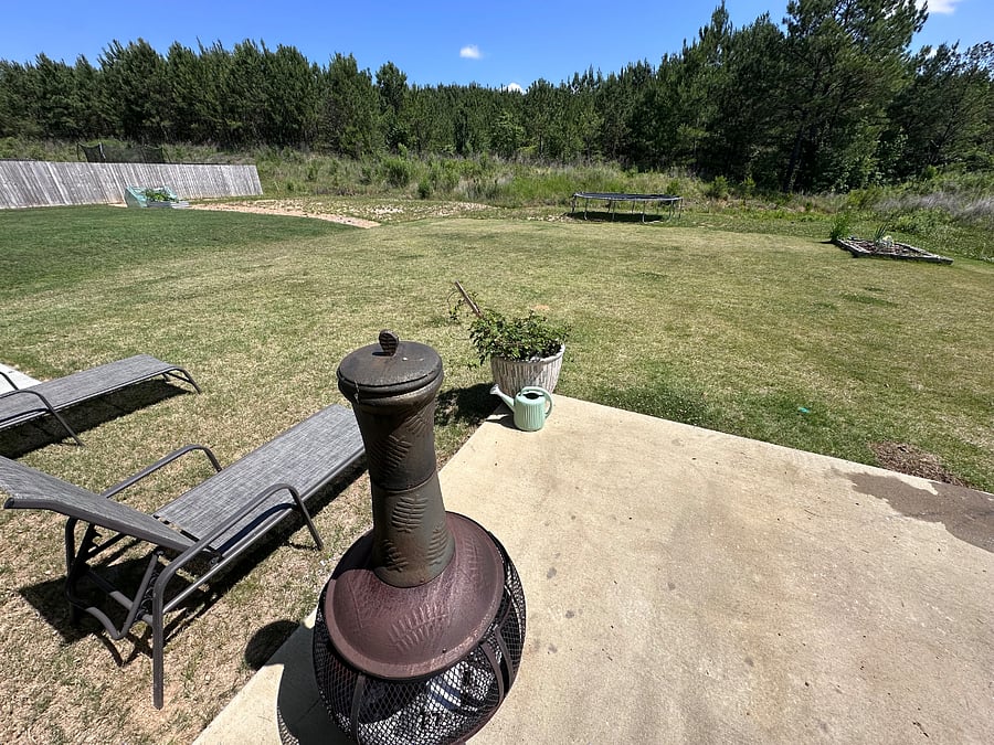 Backyard with chimenia, lounge chairs, and grill