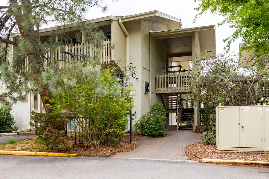 Building exterior. The apartment is a half flight down the stairs.