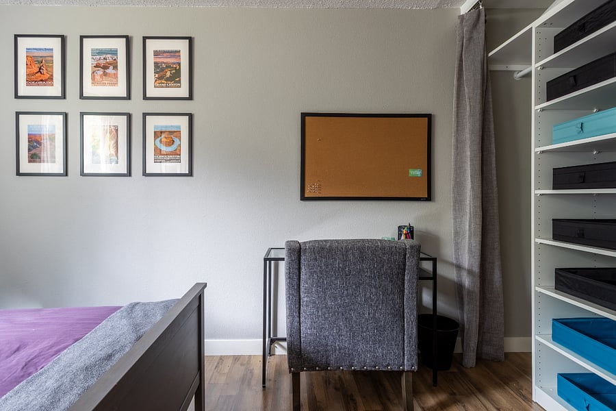 Second bedroom work station. Full size closet with custom storage.