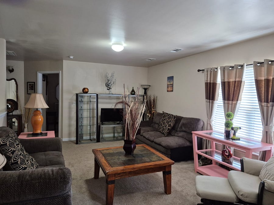 Open Seating Loft upstairs, with Glass Stand, smart TV, 2 pieces sofa / office area with desk and chair/ recliner chair night stand. Very open space, beautiful sunlight room.