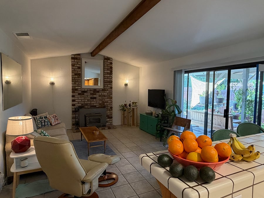 Main living room features Roku TV, a wood burning stove, and a view of the backyard.