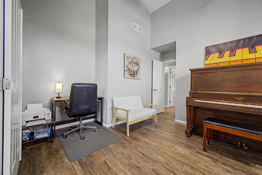 Den with work space and printer