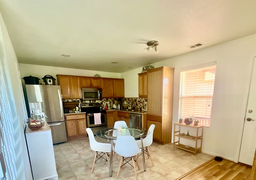 Kitchen has full size stainless steel refrigerator (double doors) with freezer drawer below. Instapot, Ninja blender, French press, pour-over, and all kitchenware is available. Coffee, spices, oils, and cleaning products are provided.