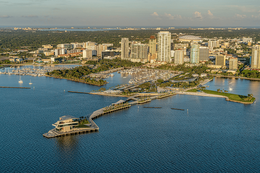 The iconic St. Pete Pier. A spectacular 26-acre waterfront playground featuring walking paths, incredible views, and rooftop dining just minutes from the house.