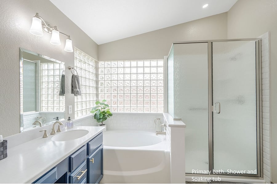 Stand up shower and adjacent soaking tub in primary bathroom