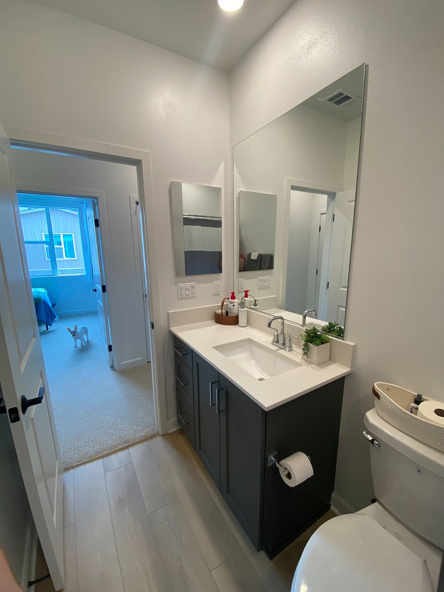 Private bathroom across the hall from the bedroom (My dog is photobombing the bedroom)
