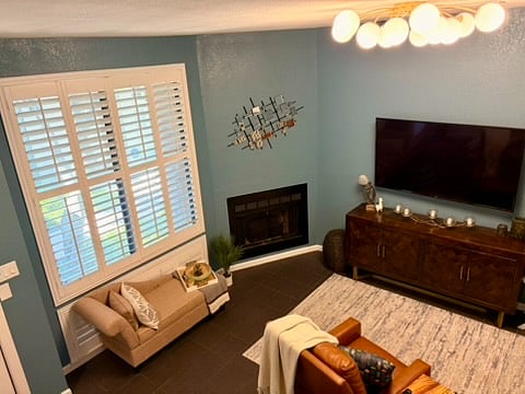 A view of the living room from the stairs.