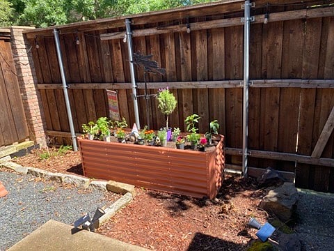 The backyard features a raised garden bed with lights. The garden bed will be a blank canvas for your green thumb.