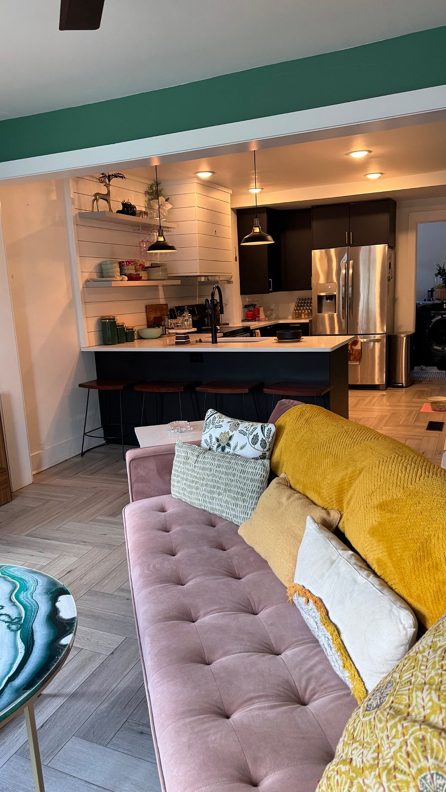 Living room looking into kitchen