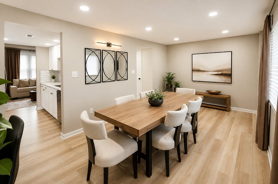 Dining Table for 6, sitting bench for ease of removing your shoes and wall hooks.