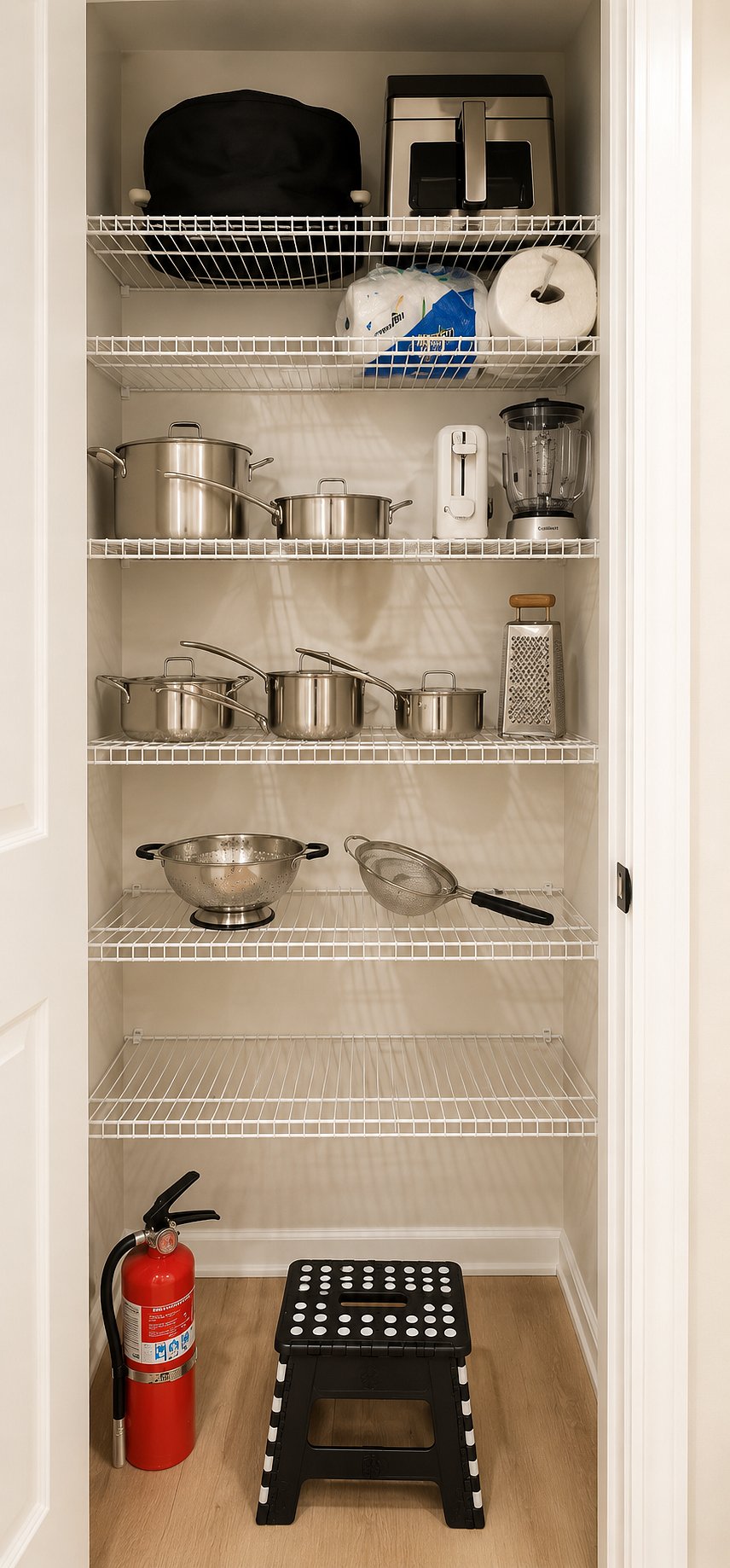 Pots, toaster, blender, crockpot, grater, trash can, fire extinguisher, grilling utensils, air fryer, step stool, first aid kit and start up roll of paper towel and toilet paper.