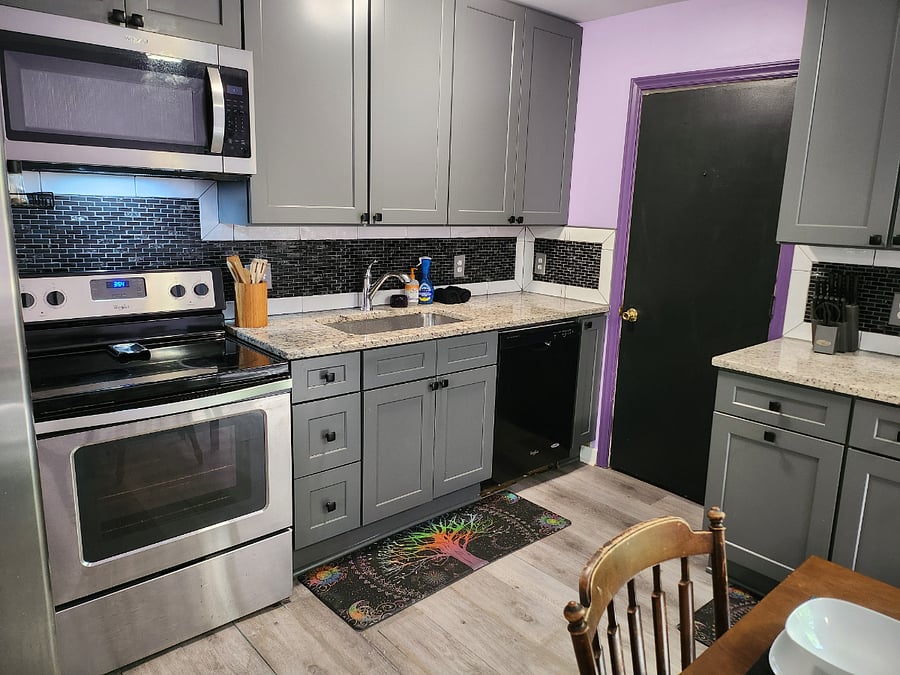 Kitchen designed for comfort, no hunching over to chop veggies.