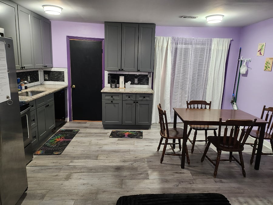 Common area at night with privacy curtains.