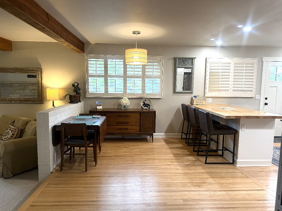 Dining and sideboard with hickory peninsula. 