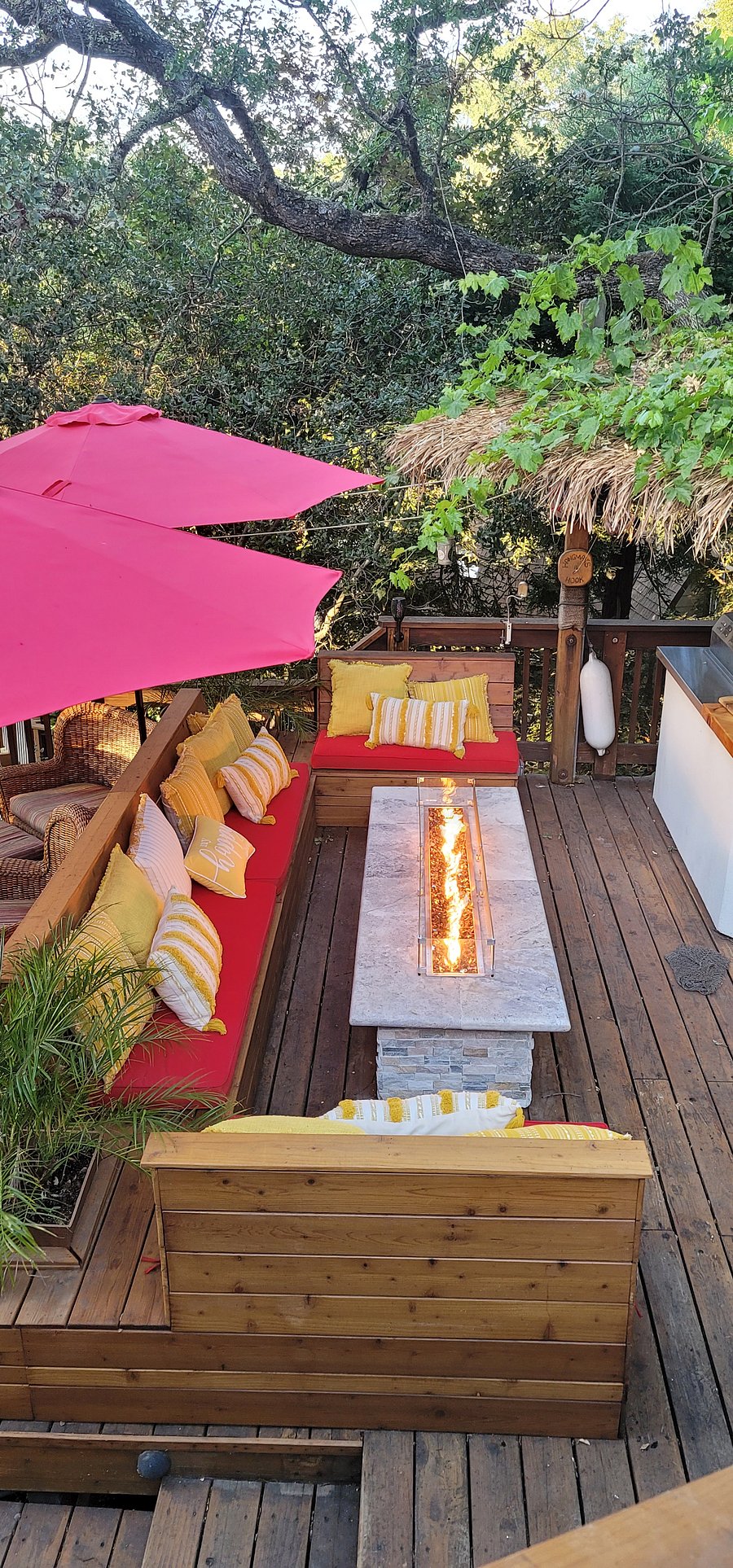 Firepit area - cushions are not always out in order to keep them clean because this area sits under a massive oak tree, but we can bring them out for those nights you want to sit by the fire!
