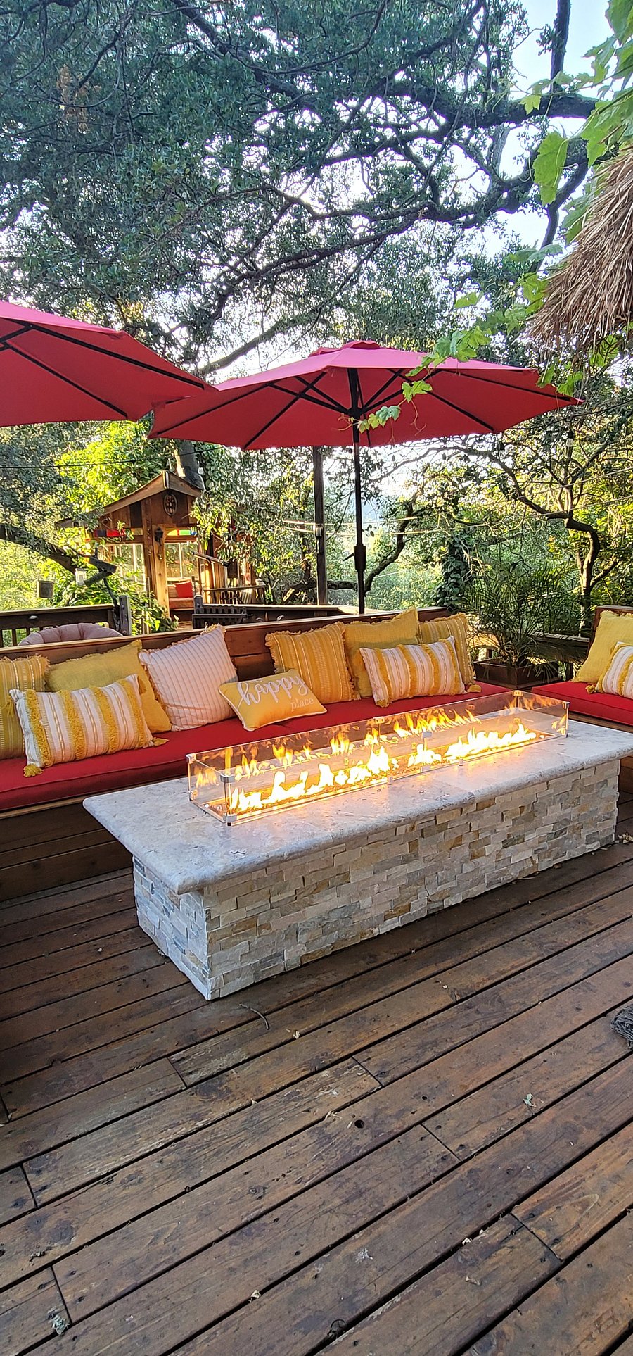 Firepit area - cushions are not always out in order to keep them clean because this area sits under a massive oak tree, but we can bring them out for those nights you want to sit by the fire!