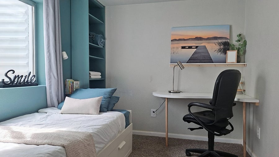 Second bedroom with twin bed convertible to queen + workspace