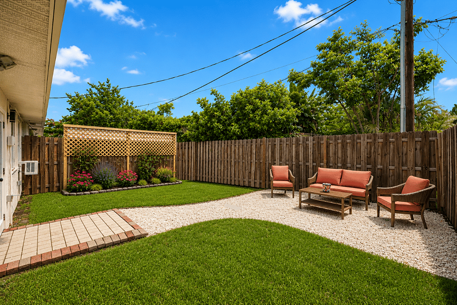 Enjoy your own private backyard with cozy seating and a colorful flower gardenthe perfect place to relax after work or soak up the Florida sunshine.