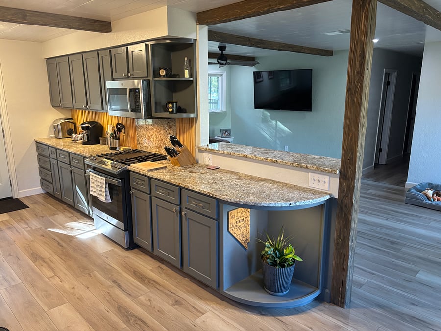 Gas range, oven and microwave.