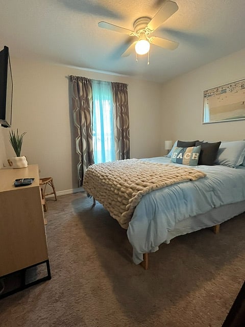 Cozy bedroom with black out curtains