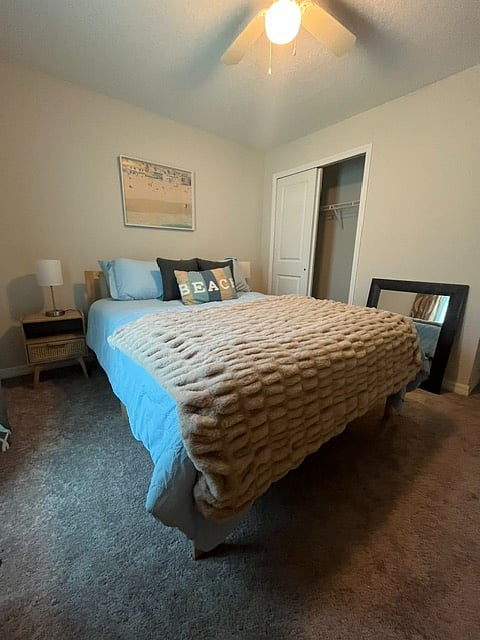 Queen size comfy bed. Brand new linens included.