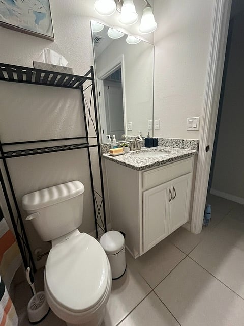 Private bathroom with linen closet for towels that are provided