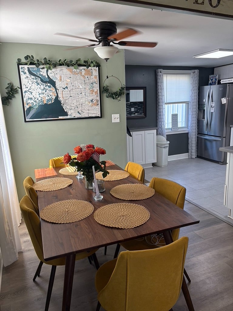 view from dining area into kitchen