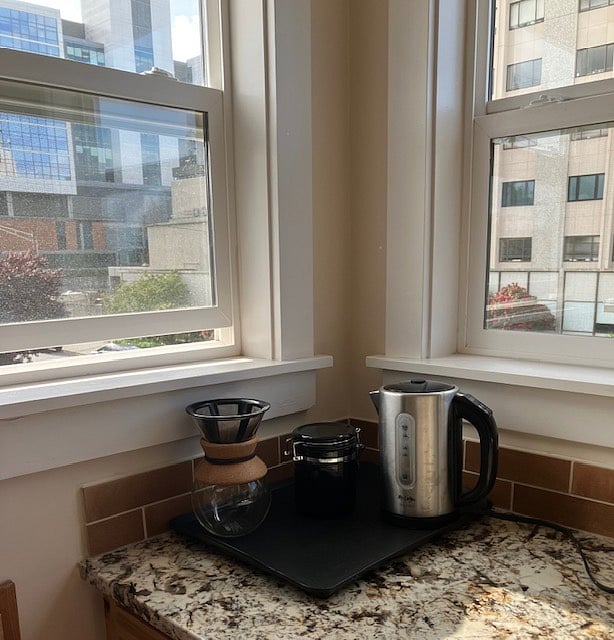 Sunny mornings in the kitchen In the coffee corner, we offer standard vintage pour over system