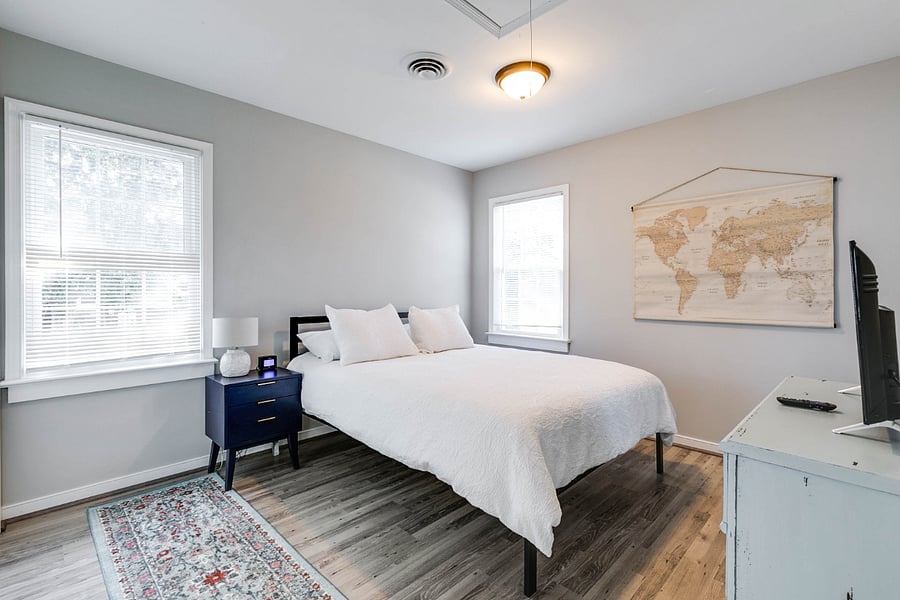 Bedroom two with queen bed and roku tv