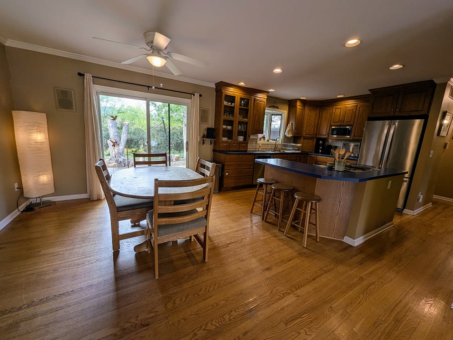 Seeing into the kitchen from the couch.