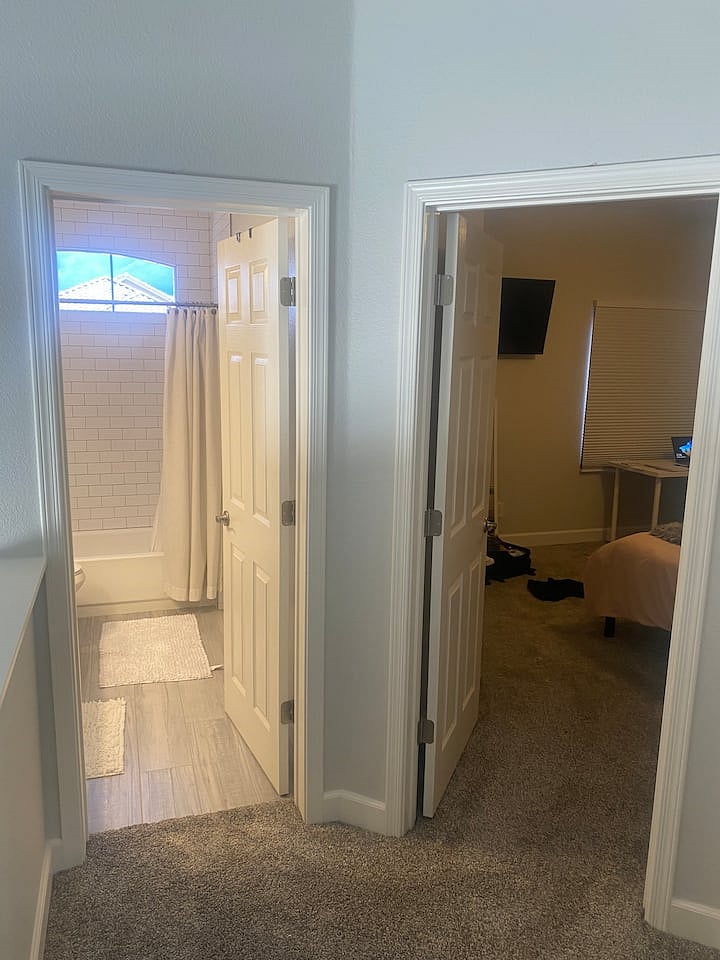 Upstairs bedroom and bathroom entrances.