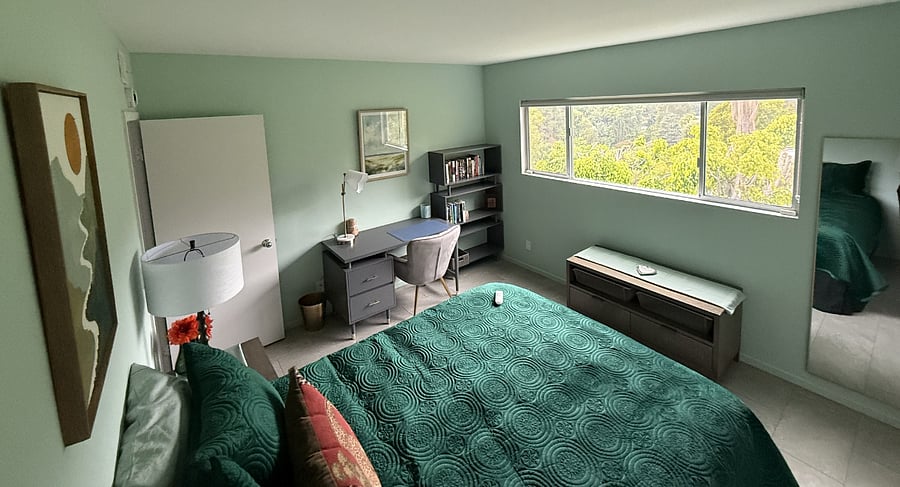 West facing bedroom, gets sunset views over the hills. Large wall to wall closet. Queen size Nectar foam, NEW, mattress with ADJUSTABLE frame with zero gravity option. Desk and bookcase, lamp and artwork. Solar blinds