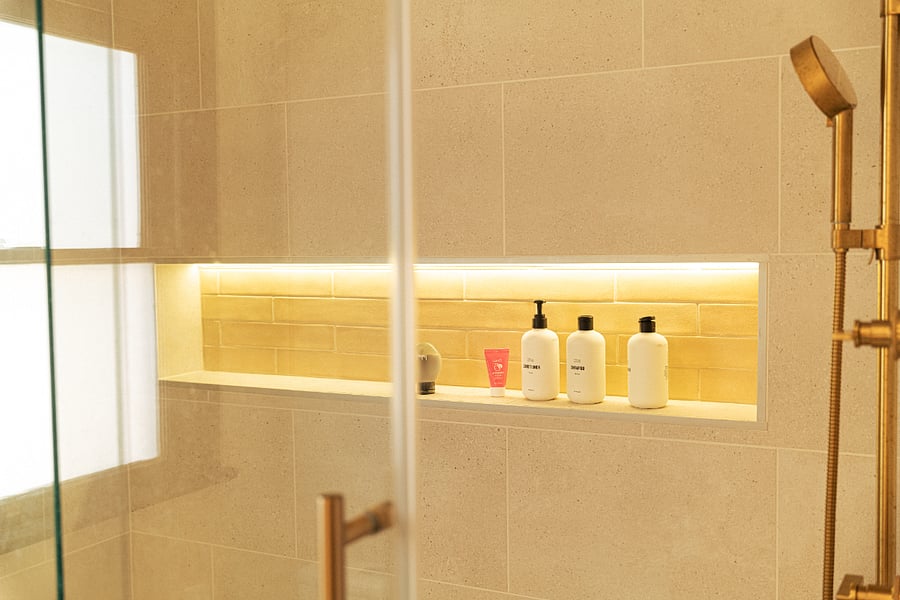 We've stocked the bathroom with shampoo, conditioner, and body wash for your convenience, all complemented by beautiful ambient lighting that creates a warm and relaxing spa-like atmosphere.