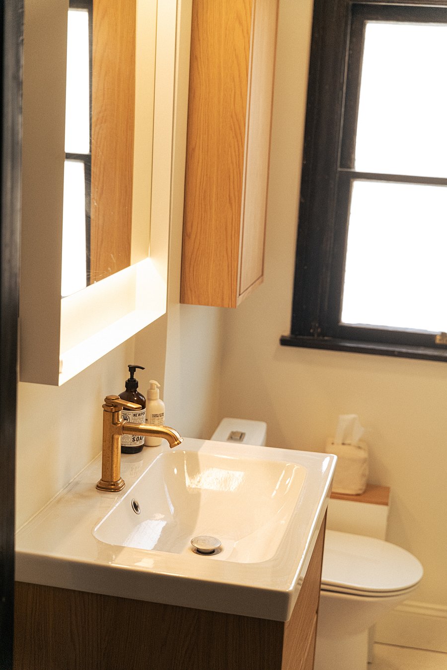 This is the bathroom sink area, stocked with hand soap for your convenience. We'll also provide a starter supply of toilet paper upon check-in to help you settle in comfortably.