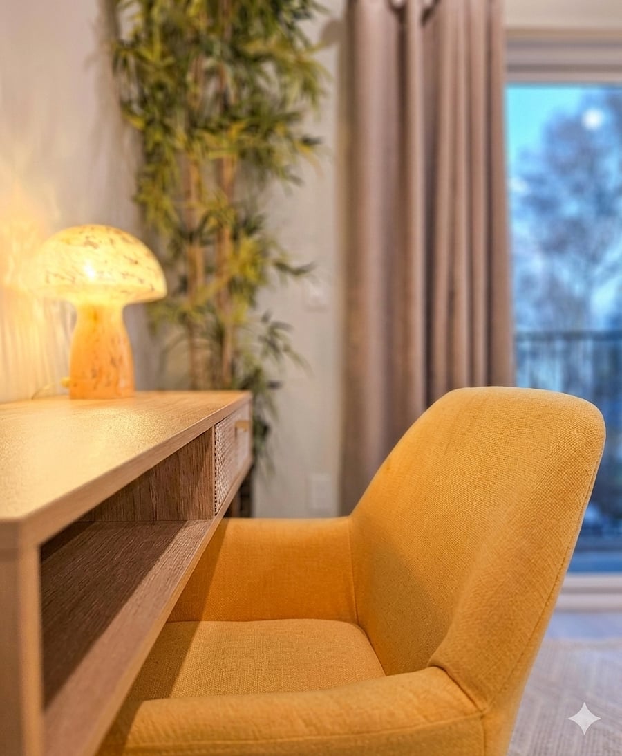 A3- Yellow comfy chair with desk, cozy accent chair perfect for reading, relaxing, or enjoying natural light.