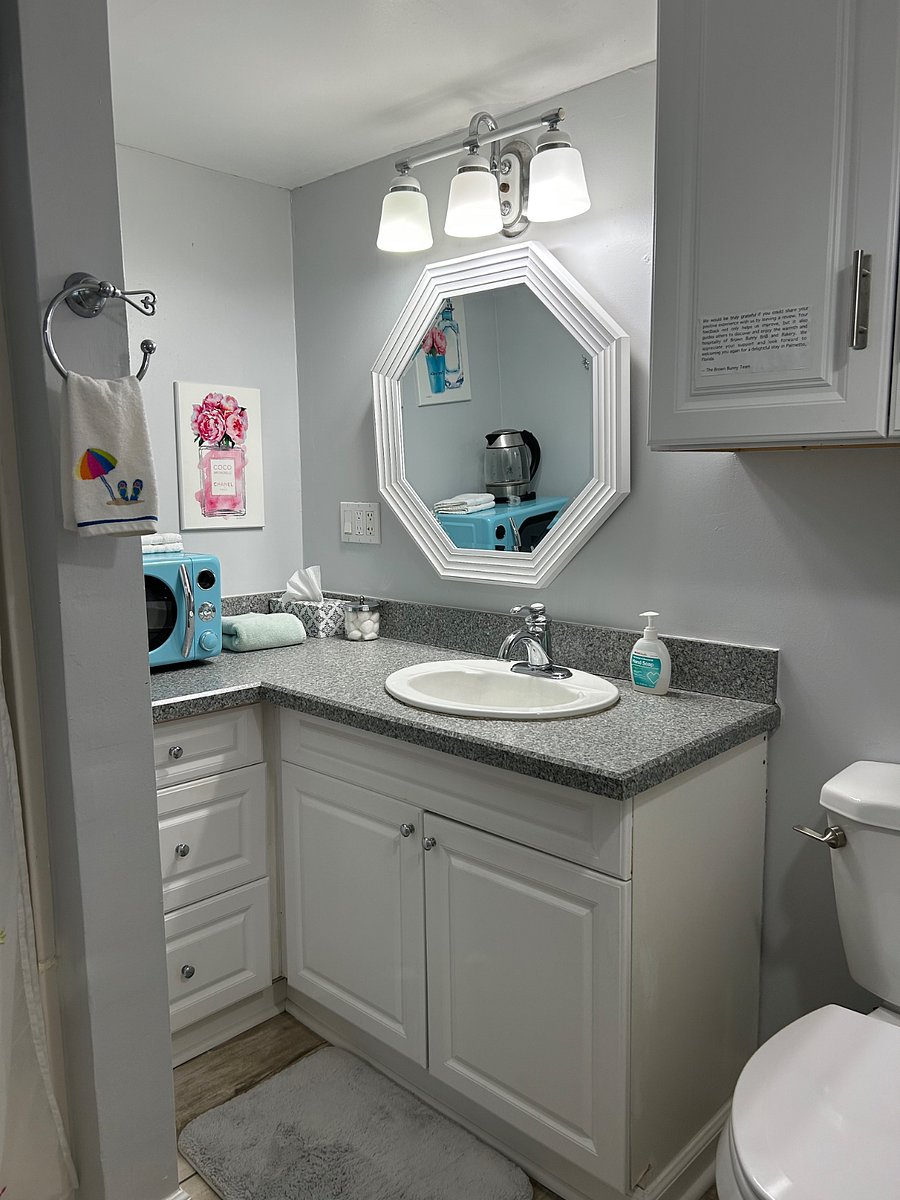 Private bathroom with microwave, shower with handle, toiletries, hairdryer, iron, electric kettle.