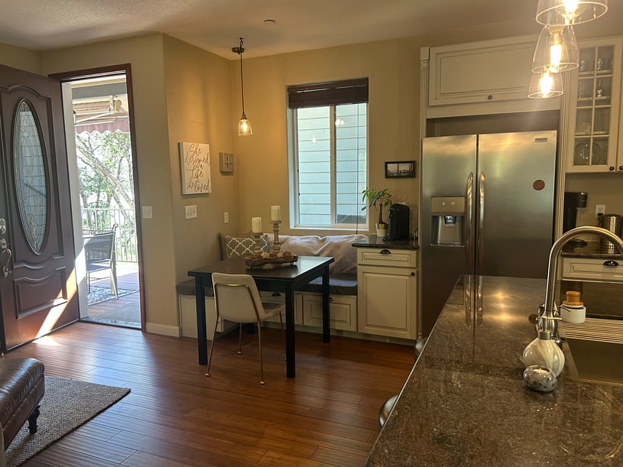 This dining table extends to seat 6 and the dining table on the porch extends to seat 8.