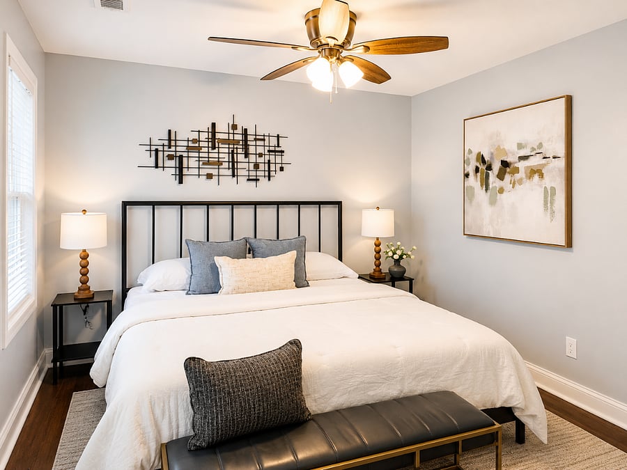 Spacious king bedroom with modern decor, cozy bedding, and a relaxing atmosphere.