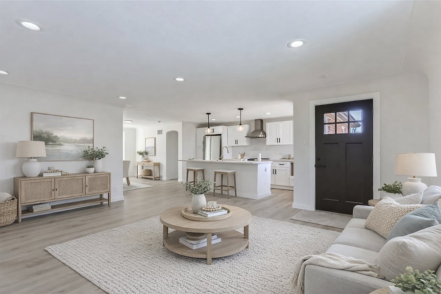 Open-concept living room with views of the kitchen and dining area. This photo is virtually staged from the previous for-sale listing. The home is now furnished with a gray sofa and other updated furnishings delivered on June 2, 2026. Updated photos coming soon.