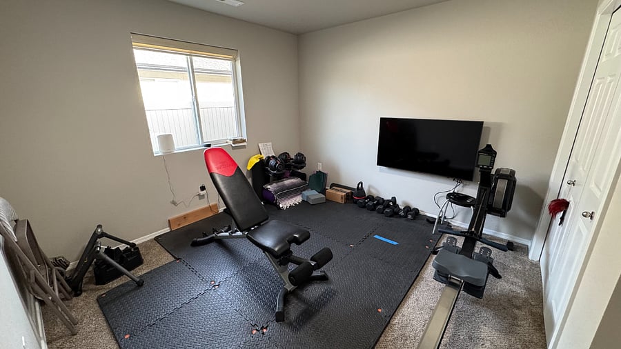 Gym with dumb bells, Concept 2 Rowing machine, bench, kettle bell, darts, etc.