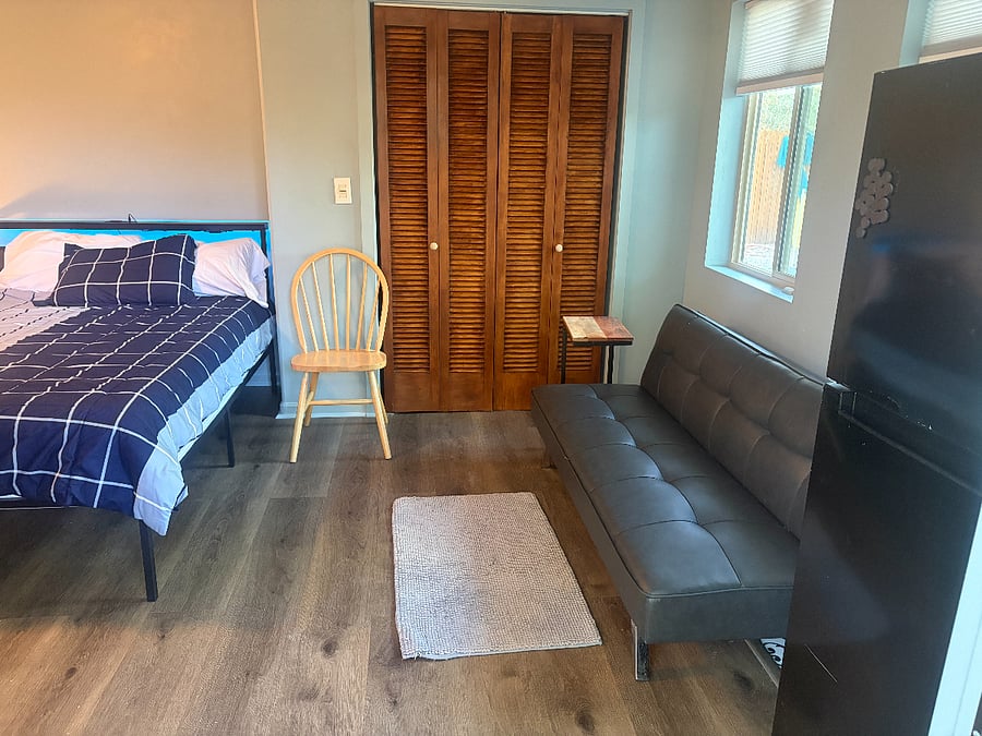Fold out sofa, apartment size refrigerator 