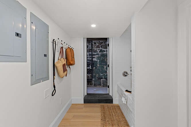 Shared dog wash and landing entrance.