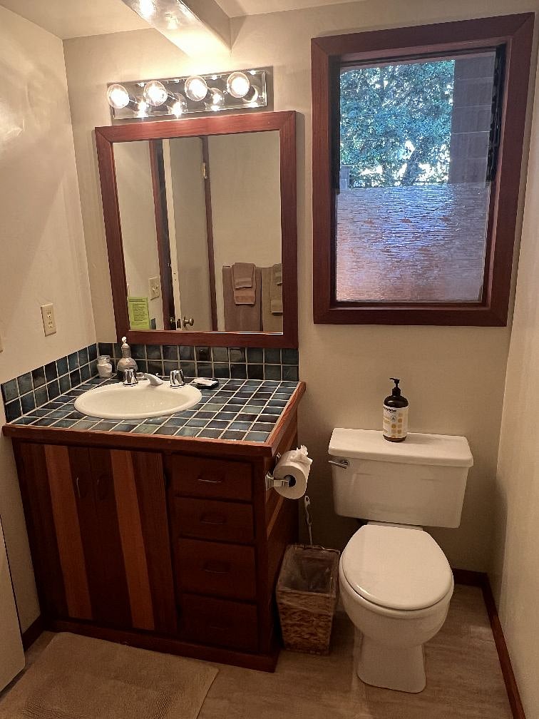 Guesthouse bathroom with shower.Shared by queen and twin bedrooms.