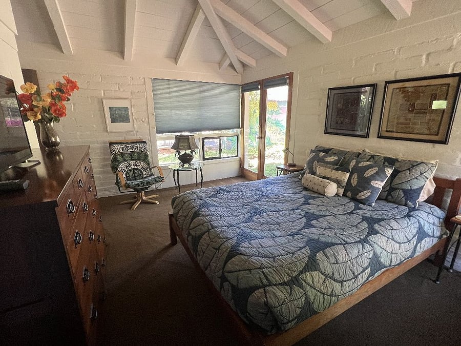 Master bedroom has queen bed, large dresser and closet. You can hear the pond waterfall.