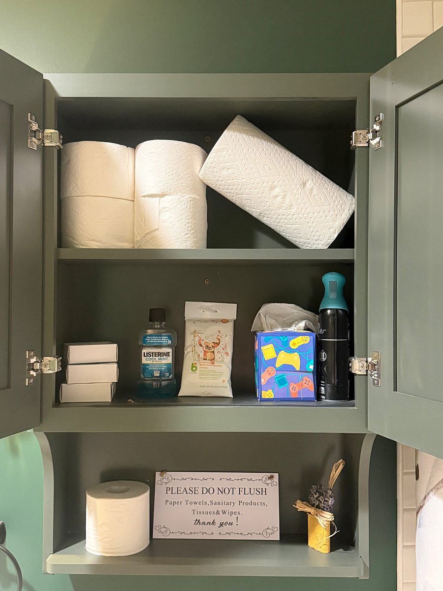 Storage cabinet above toilet stocked with cleaning supplies